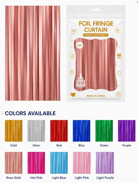 Classic metallic foil fringe curtain colors and retail packaging
