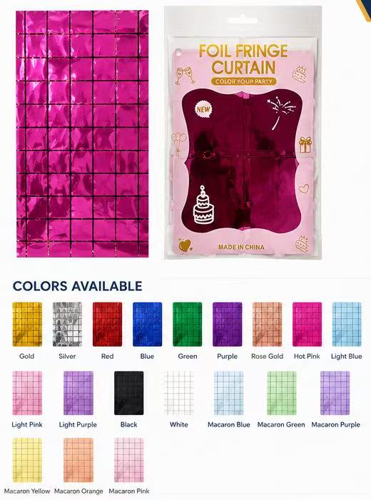 Fine grid foil backdrop curtain colors and retail packaging