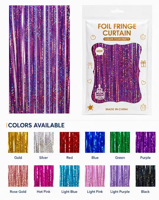 Glitter foil fringe curtain colors and retail packaging