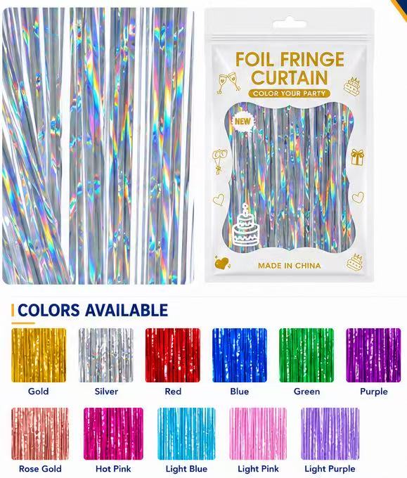Holographic foil fringe curtain colors and retail packaging