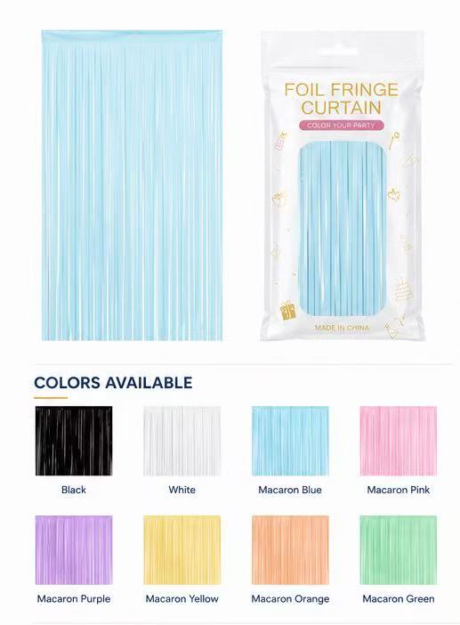 Macaron foil fringe curtain colors and retail packaging