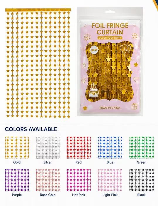 Star-shaped hanging backdrop curtain colors and retail packaging