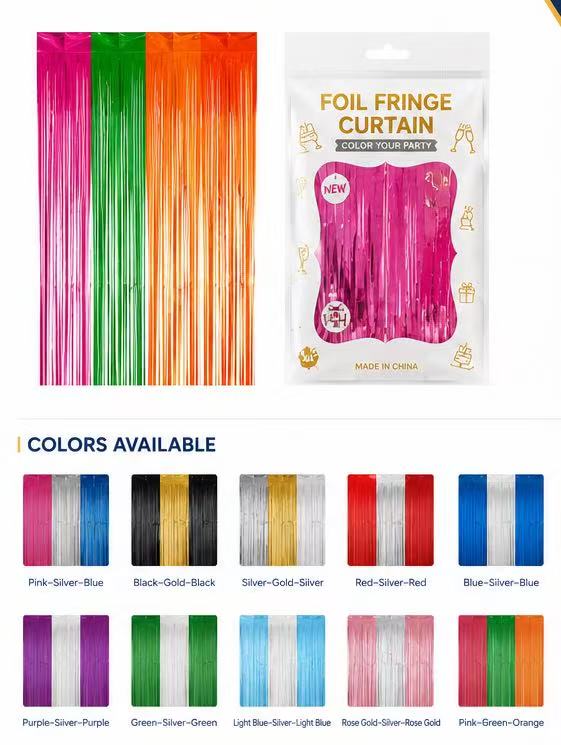 Three-color foil fringe curtain combinations and retail packaging