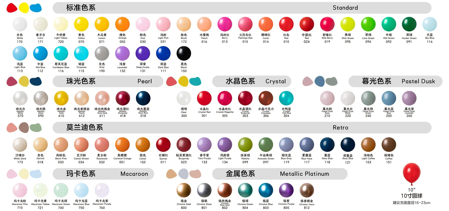 10 inch latex balloon colors in standard, pearl, crystal, pastel, retro, macaron and metallic finishes